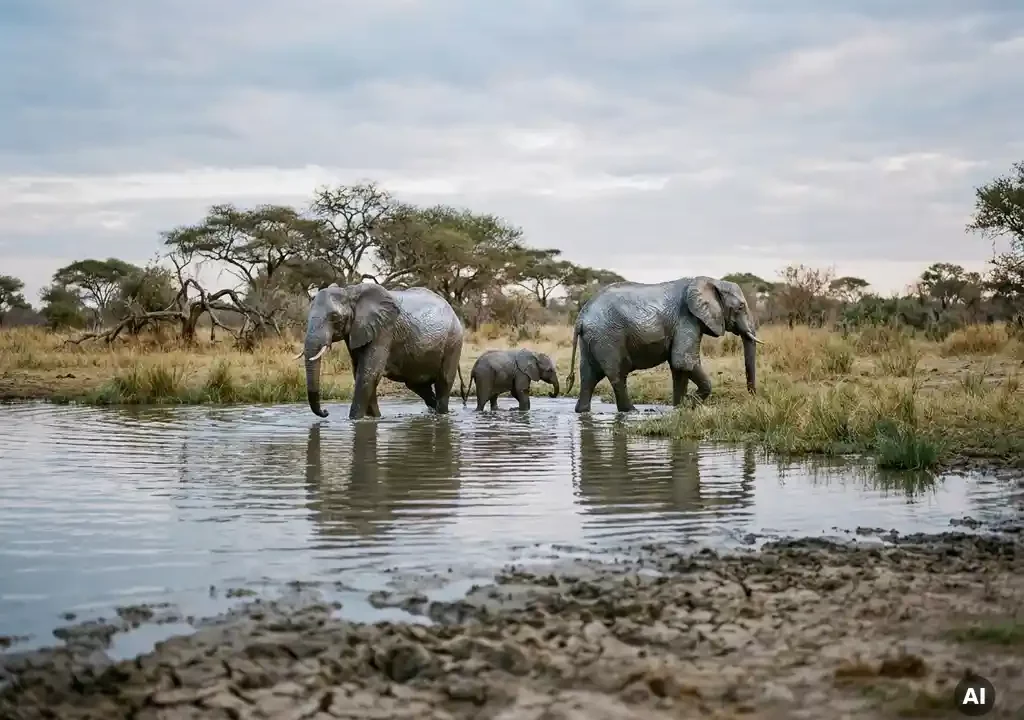 Olifantenfamilie doorwaadt een rustig waterhole in de savanne, omgeven door acaciabomen onder een zilveren middaglicht.