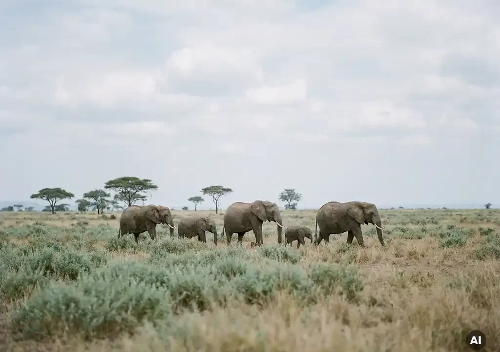Kleine kudde olifanten trekt rustig door de Afrikaanse savanne met acacia's op de achtergrond en bewolkte lucht.