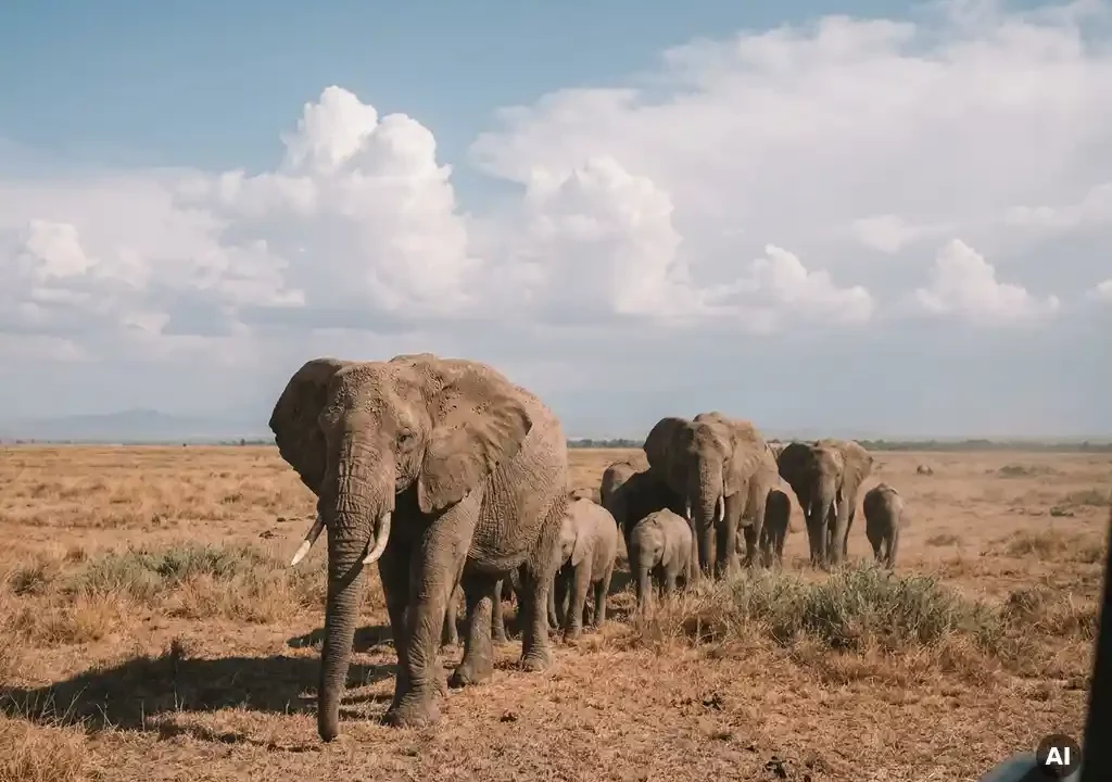 Kudde olifanten trekt over een droge savanne met goudkleurig gras en dramatische cumuluswolken aan de horizon.