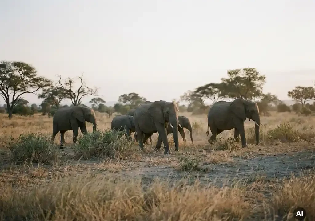Kudde olifanten trekt door gouden savannegras bij zonsondergang, met acacia's aan de horizon en een wijds bleek luchtlandschap.