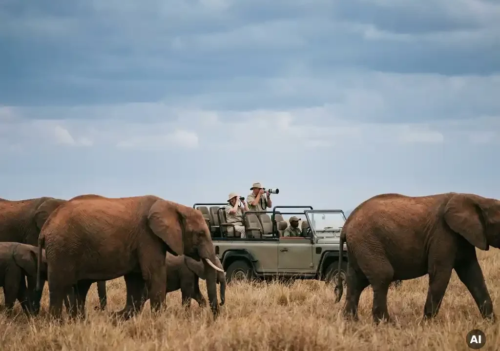 Kudde olifanten trekt door goudkleurig savannegras, terwijl een gepensioneerd stel vanuit een safariwagen toekijkt onder dramatische wolkenlucht.