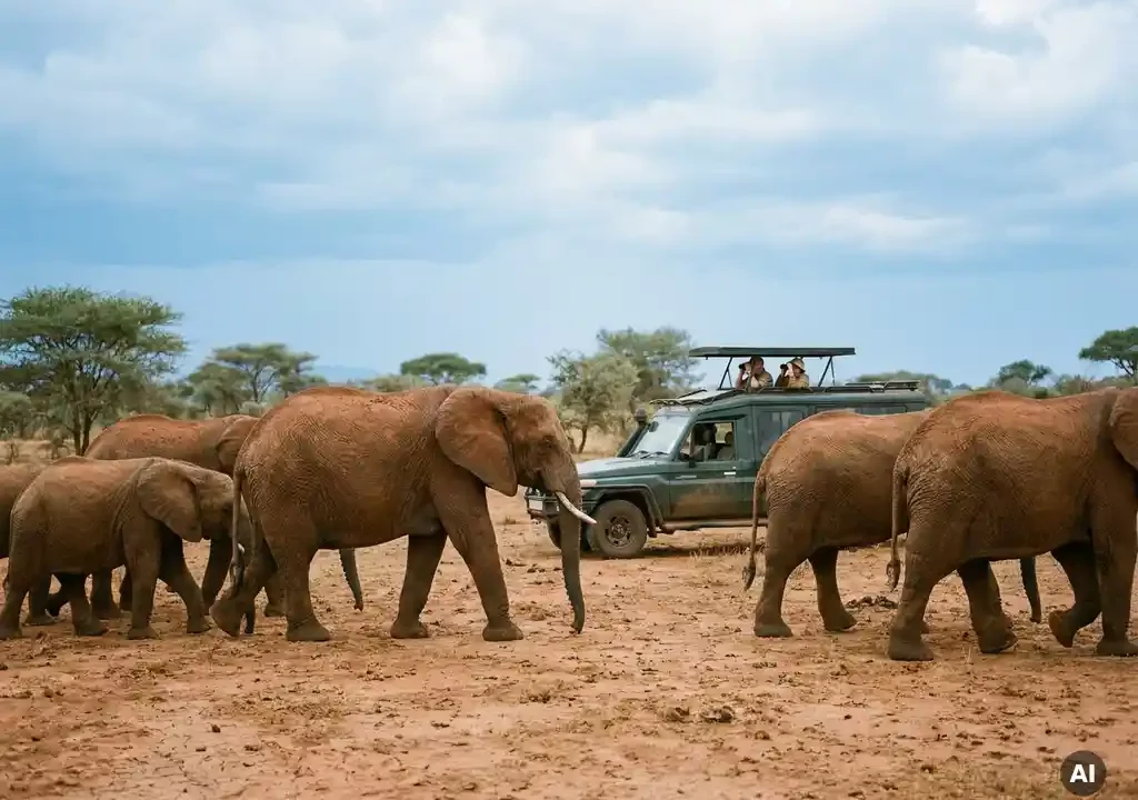 Kudde olifanten trekt over droge savanne met rode aarde, terwijl een gepensioneerd stel vanuit een safariwagen toekijkt.