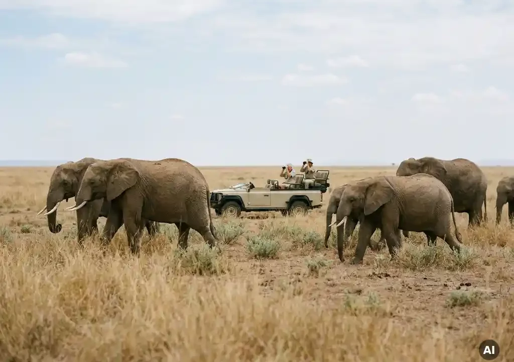 Kudde olifanten trekt door goudkleurige savannegrasland, gepensioneerd stel observeert vanuit safariwagen op de achtergrond.