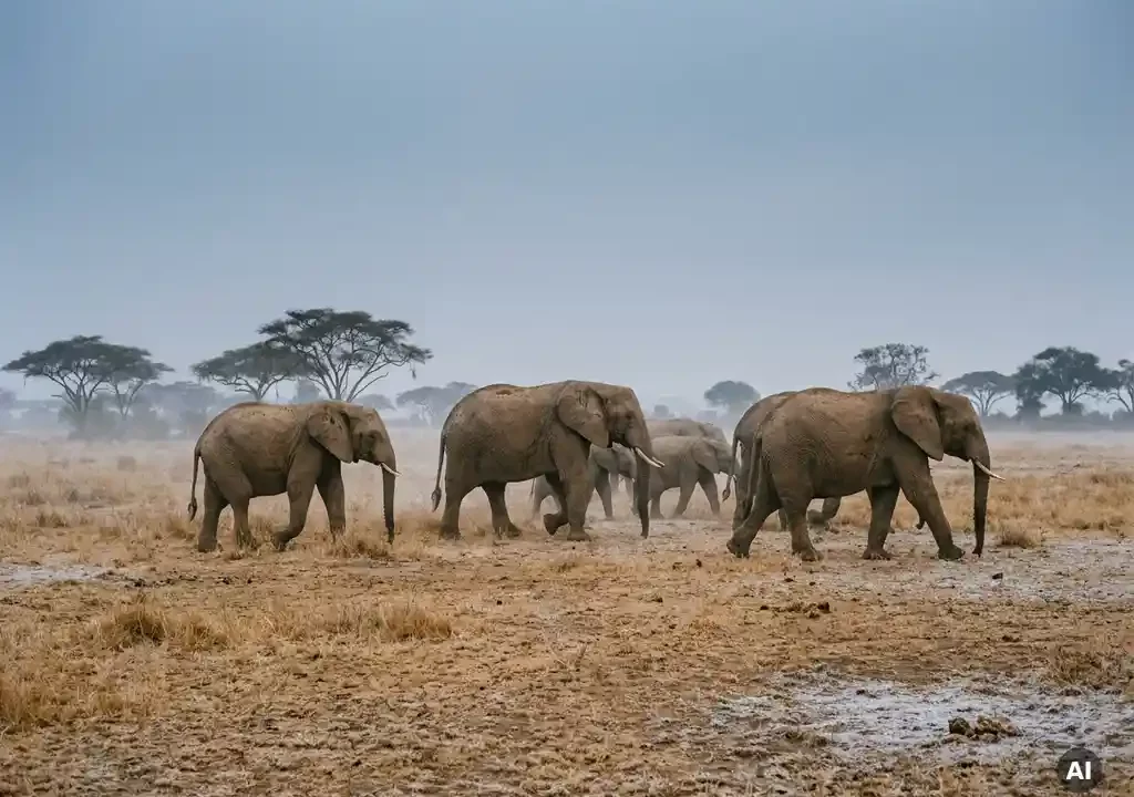 Kudde olifanten trekt door droge savanne met acacia's onder een bewolkte winterlucht in Afrika.