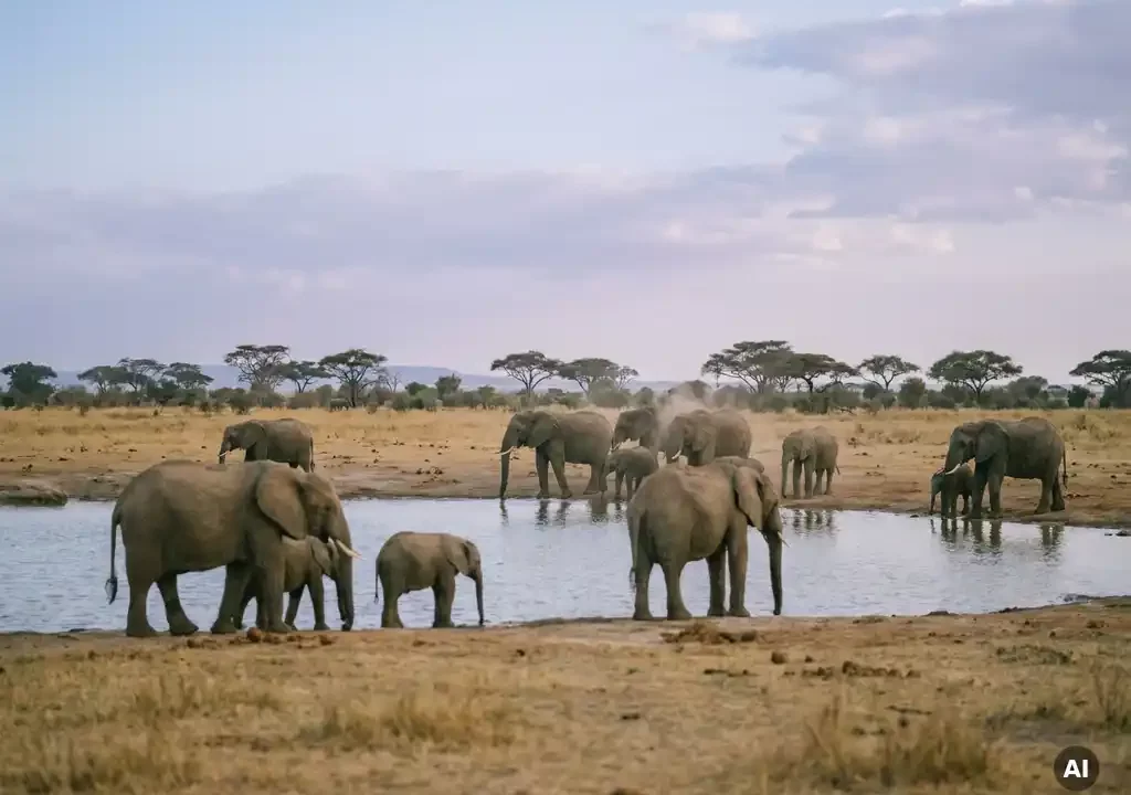 Kudde olifanten drinkt bij een drinkpoel in de savanne, omringd door droog gras en silhouetten van acaciabomen tegen een zachte middaglucht.