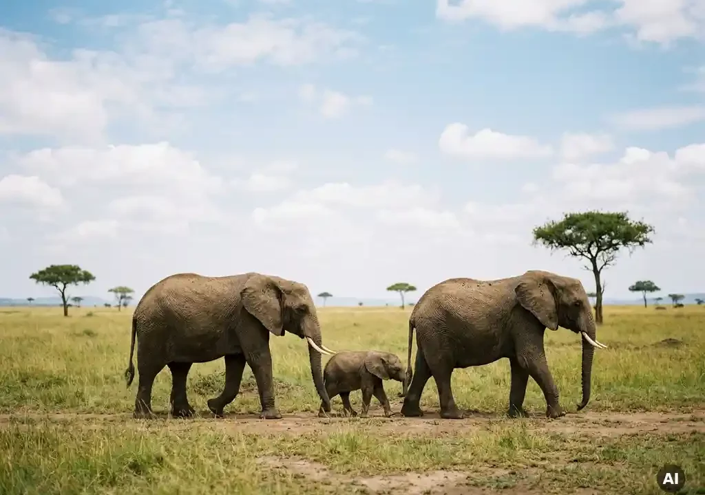 Olifantenfamilie met kalf trekken door groene savanne met acacia's onder een heldere middaglucht in Afrika.