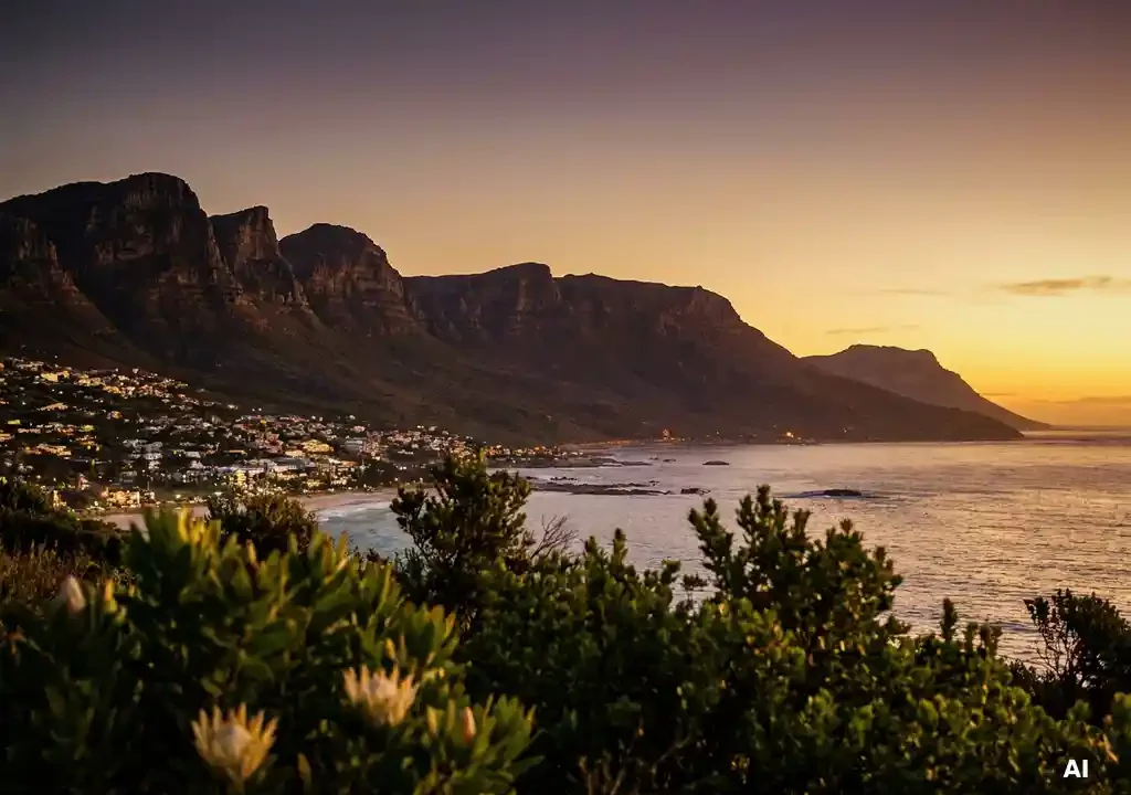 Tafelberg met vlak plateau boven Kaapstad bij schemering, stadslichten, amber-violette lucht weerspiegeld in de Atlantische Oceaan, fynbos op voorgrond.